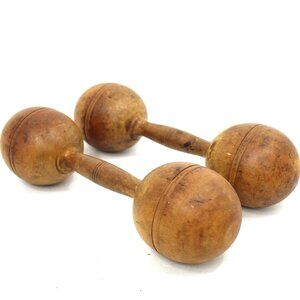 Pair Primitive Rare Solid Wood 1920s Antique Dumbbells 1# Each Weight Set